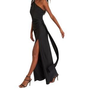 Lulus Signature Elegance Black Satin One Shoulder Maxi Dress Gown S Glam Gala